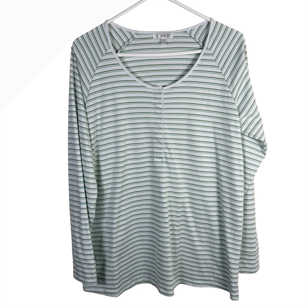 LAKE White Green Striped Cotton Long Sleeve Sleepwear Shirt Size Large